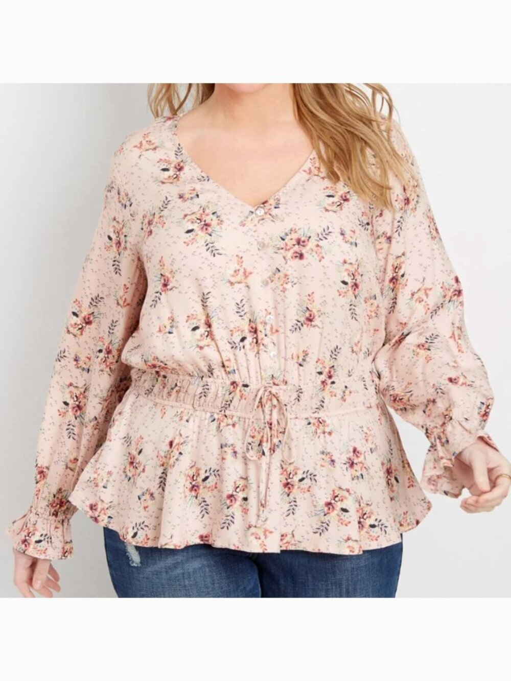 MAURICES 1 Plus Size Pink Floral Smock Waist Blouse Boho Long Sleeve Peasant Top